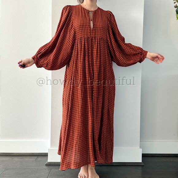 MR. LARKIN Checkered Burnt Orange Balloon Sleeves Maxi Dress - Picture 2 of 10